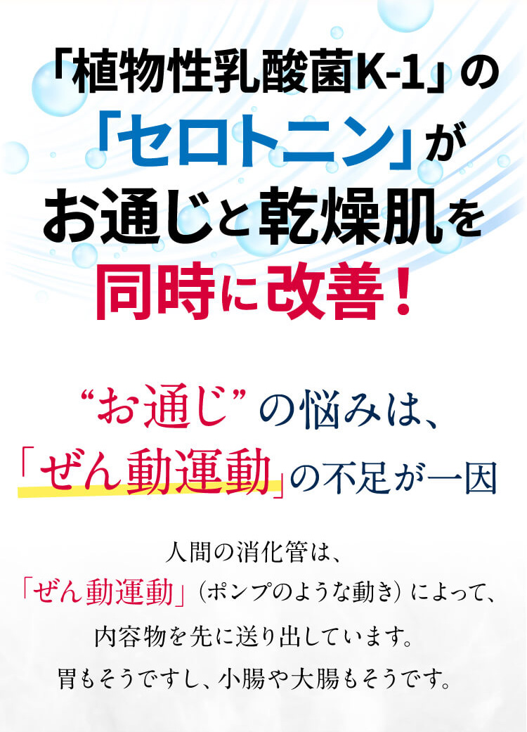 「植物性乳酸菌K-1」の「セロトニン」がお通じと乾燥肌を同時に改善!“お通じ” の悩みは、「ぜん動運動」の不足が一因人間の消化管は、「ぜん動運動」 (ポンプのような動き) によって、内容物を先に送り出しています。胃もそうですし、 小腸や大腸もそうです。