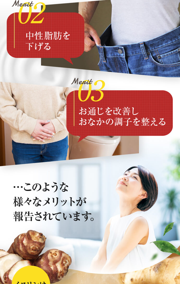 02中性脂肪を下げる03お通じを改善しおなかの調子を整える
