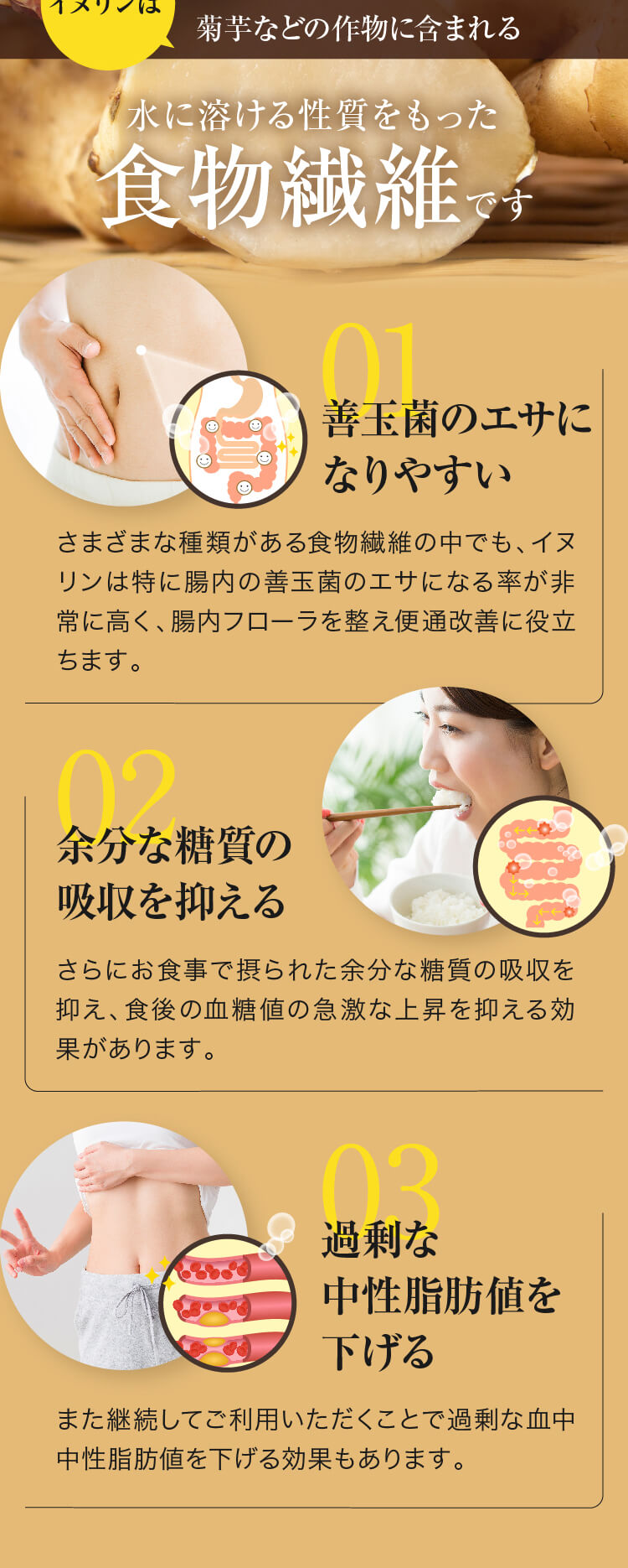 菊芋などの作物に含まれる水に溶ける性質をもった食物繊維です