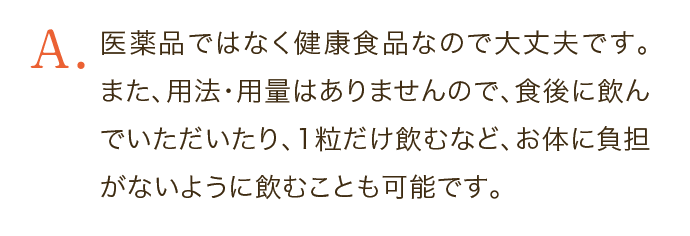 医薬品ではなく健康食品なので大丈夫です。また、用法・用量はありませんので、食後に飲んでいただいたり、1粒だけ飲むなど、お体に負担がないように飲むことも可能です。